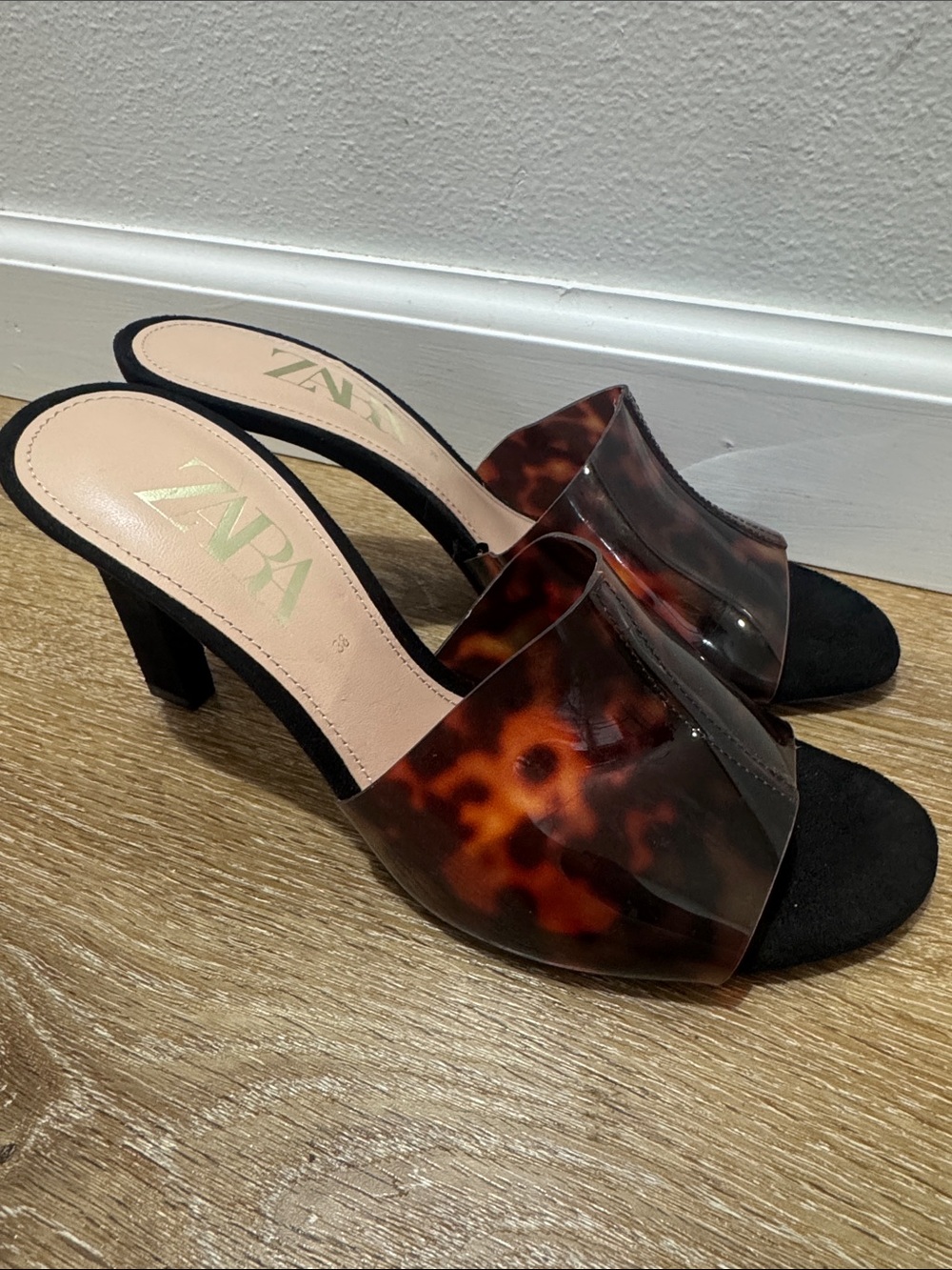 Zara Tortoiseshell Clear Strap Slide Mules with Black Heel